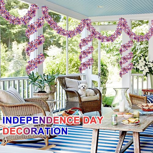 50 FT Patriotic Tinsel Garland - Red White & Blue 4th of July Decor