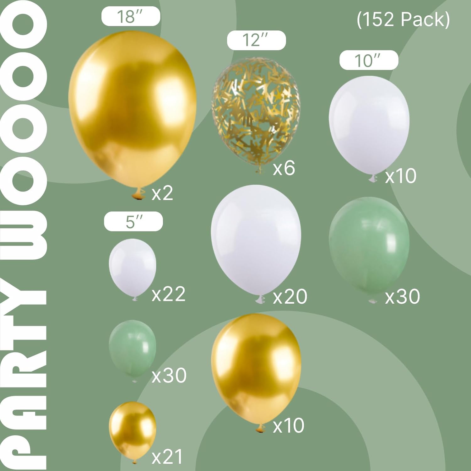 PartyWoo Balloon Arch Kit - 152-Piece Sage Green & Gold Confetti Set for Baby Showers & Birthdays