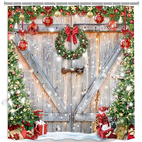 MCKTOM Rustic Farmhouse Christmas Shower Curtain 72x72 in Grey with 12 Hooks