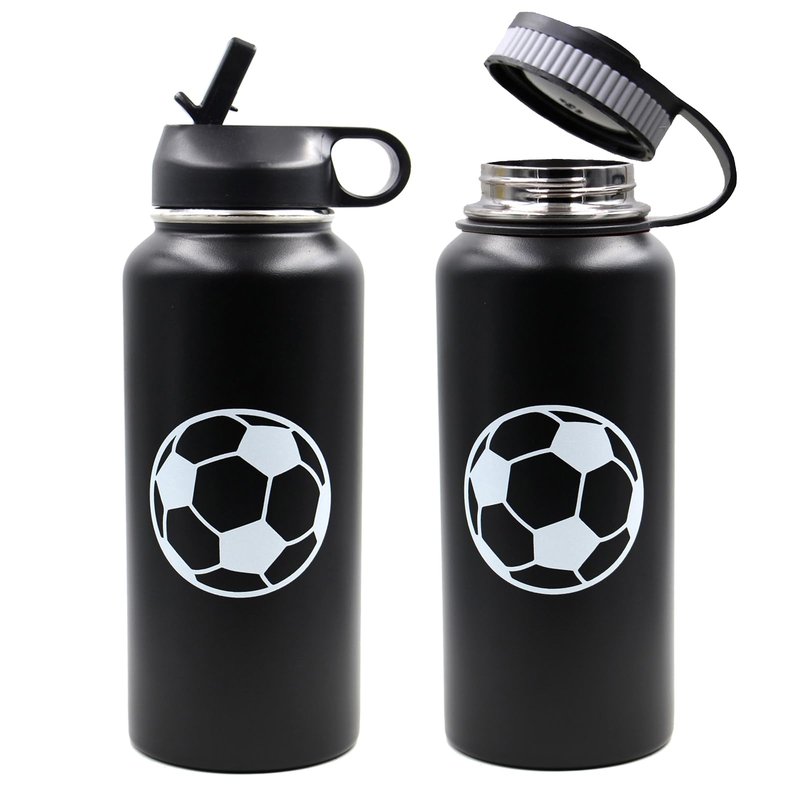 32 oz Soccer Water Bottle with Straw, Wide Mouth Sports Flask Metal Travel Tumbler with 2 Lids, Stainless Steel Double Wall Vacuum Insulated Leakproof Thermo Water Bottles, Soccer Gifts for Boys Girls