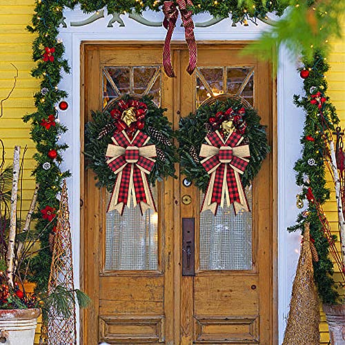Threetols 2PCS Beige Red Buffalo Plaid Christmas Wreath Bows for Front Door & Holiday Decor