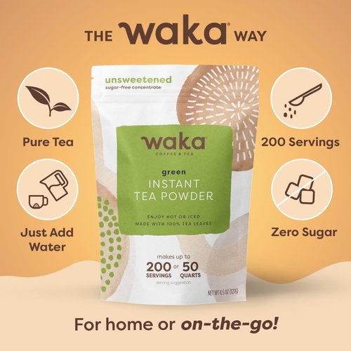 Waka Instant Green Tea Mix, Classic - 100% Tea Leaves, No Additives, Unsweetened Tea Powder for 50 Quarts or 200 Cups – Easy Quick Hot and Iced Teas (4.5oz)