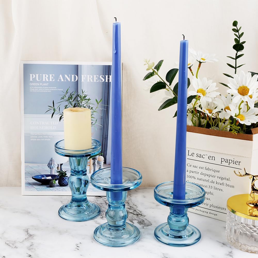 Skiennix 3-Piece Blue Glass Candlestick Set - Elegant Crystal Holders for Weddings & Home Decor