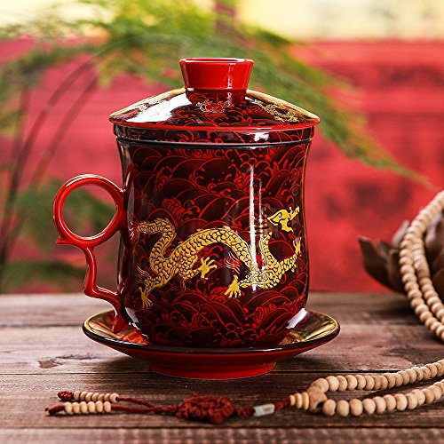 Tea Talent Dragon Red Waves Porcelain Tea Cup Set with Infuser & Saucer – Jingdezhen Chinese Teaware for Loose Leaf Brewing, 350ml