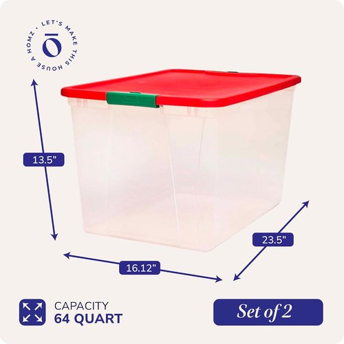 HOMZ Clear Plastic Storage Organizer Bins - 64 Quart Stackable Containers with Secure Latch & Red Lid
