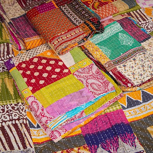 Handmade Vintage Indian Kantha Quilt - 90x60 Inch Cotton Blanket