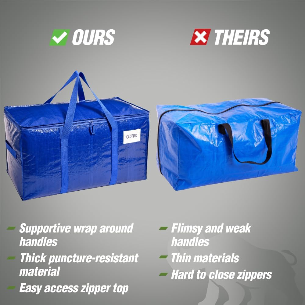 RUGGED RHINO Heavy Duty Extra Large Moving Bags - Durable, Space-Saving Storage | 4 Pack, Blue/Clear