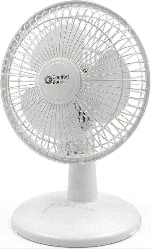 Comfort Zone CZ6D 6" Quiet Portable Desk Fan - 2-Speed with Adjustable Tilt | White Color