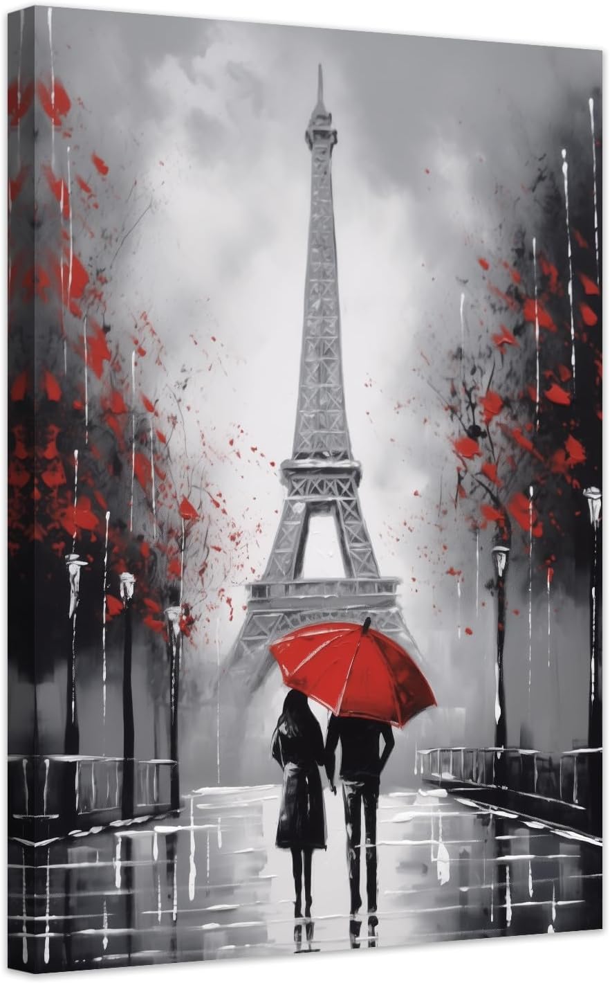 ZXHYWYM Paris Wall Decor - Framed Eiffel Tower Canvas Painting | Romantic Couple with Red Umbrella (12" x 18")