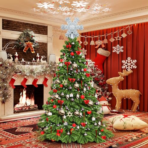 Fecisum Silver Snowflake Christmas Tree Topper with Rotating LED Projector - 3D Glitter Decor