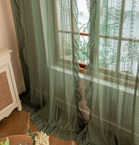 Sutuo Home Boho Lace Curtains 2 Panels 50x96 Olive Green - Vintage French Country Sheer Rod Pocket