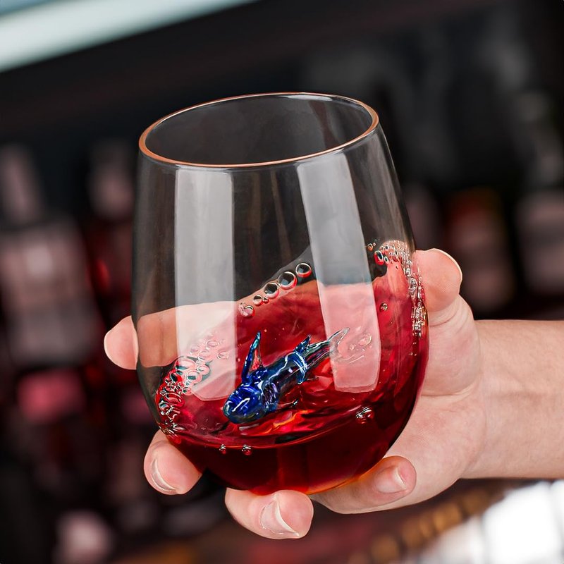 Handcrafted Shark Wine Glass - Personalized Set of 2 with 3D Sharks Inside - Red Wine Glasses - Unique Shark Lover Gifts - Ideal for Parties, Birthdays, Weddings - 14 oz Capacity (Blue)