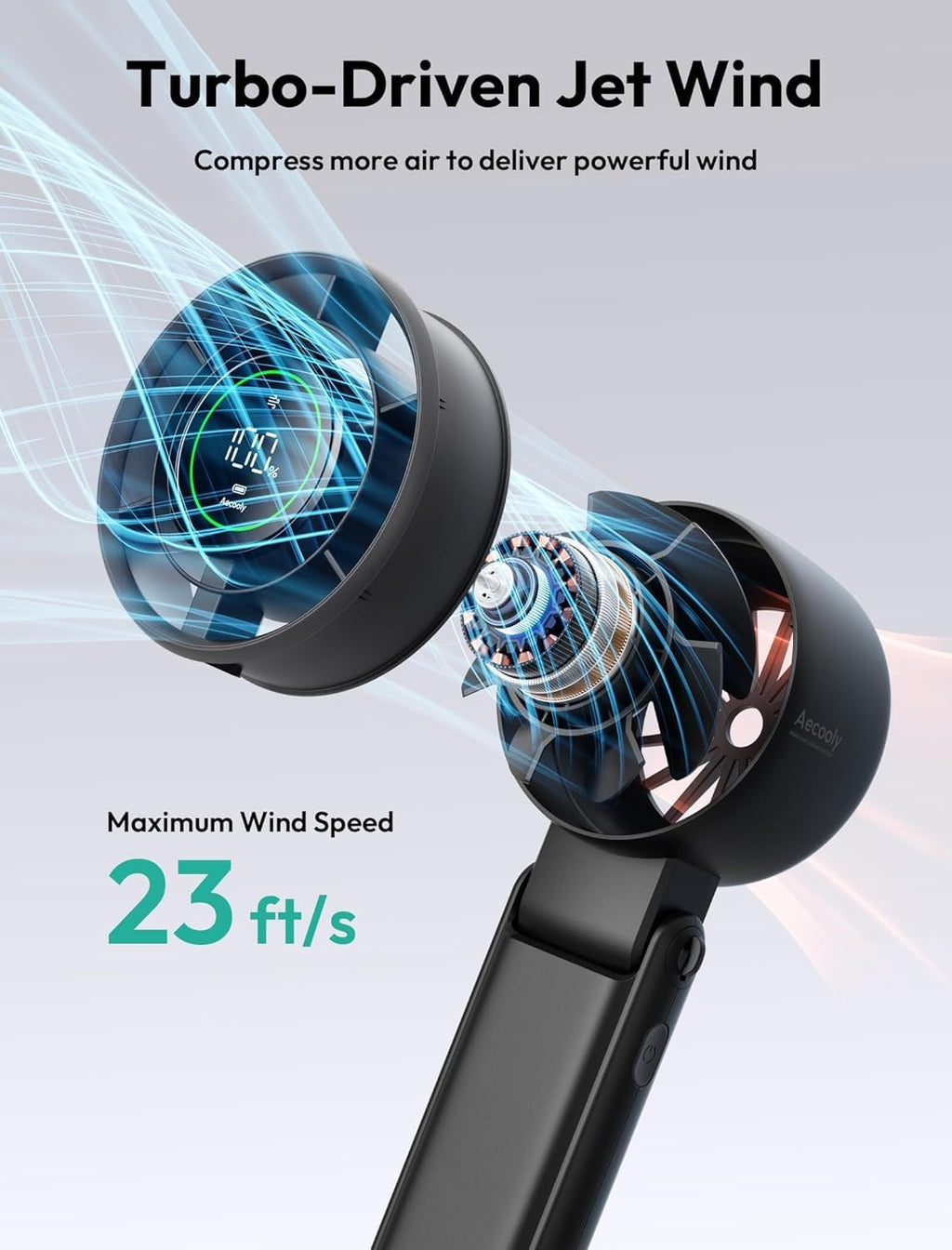 Aecooly Portable 3-in-1 Turbo Handheld Fan - USB Rechargeable Mini Personal Fan | 22H Max Cooling Time, Black