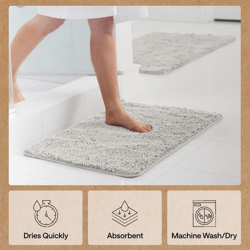 GORILLA GRIP Bath Rug Mat - Soft Absorbent Chenille | Quick-Dry Microfiber, 54x24, Light Gray