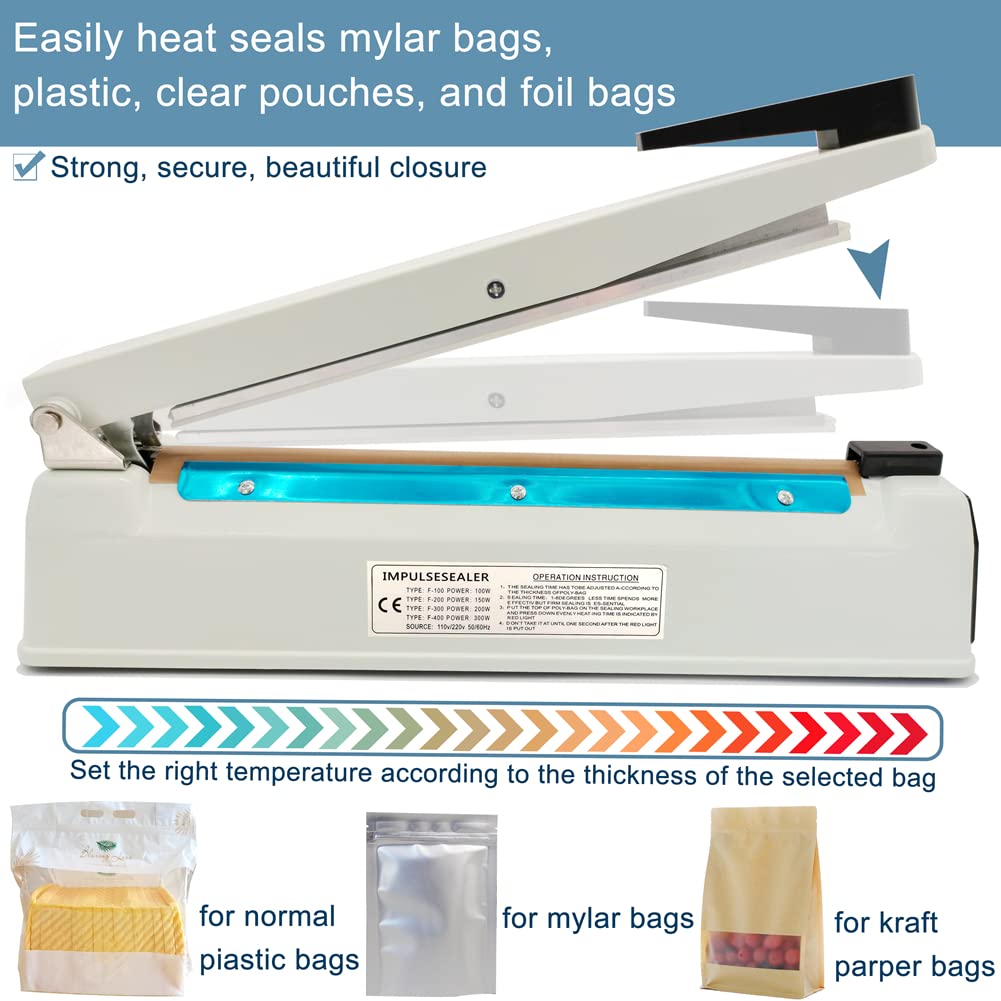 Impulse Sealer 12 inch Mylar Bag Heat Sealer, Heat Sealer for Plastic Bags, Metal Iron Shell, Impulse Sealer 3mm Sealing, Manual Hot Seal Machine with 8 Repair Kits(Included 2 Cutter Lines)