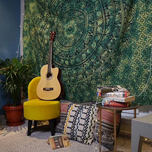 Indian Cotton Mandala Wall Hanging Tapestry - Green Boho Decor, 50x60"