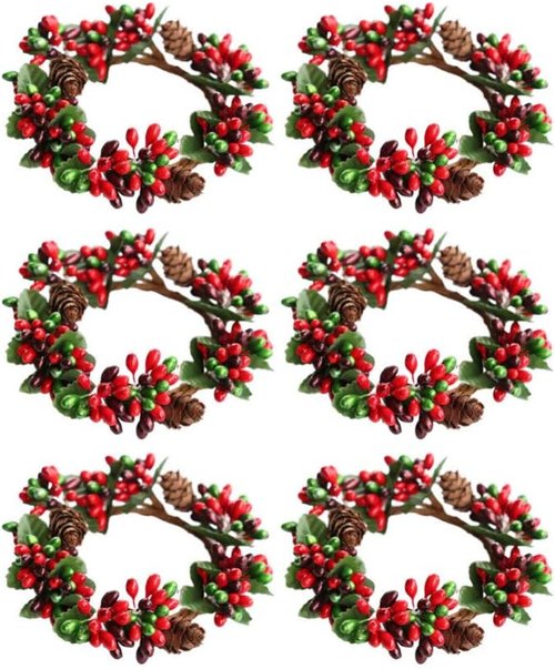 Amosfun Christmas Candle Rings - 6Pcs Artificial Berry Wreaths for Holiday Table Centerpieces