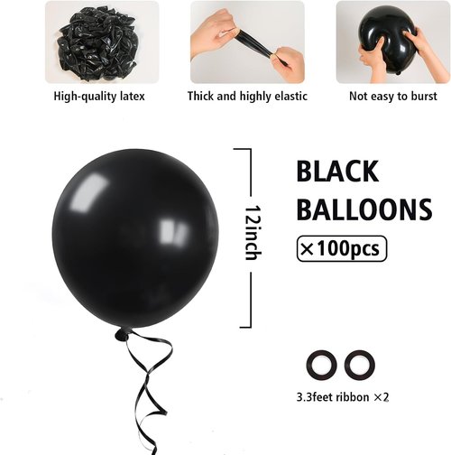 BAUANOOY Black Latex Balloons - 12 Inch, 100pcs with Ribbon for Graduation & Birthday Party Decor