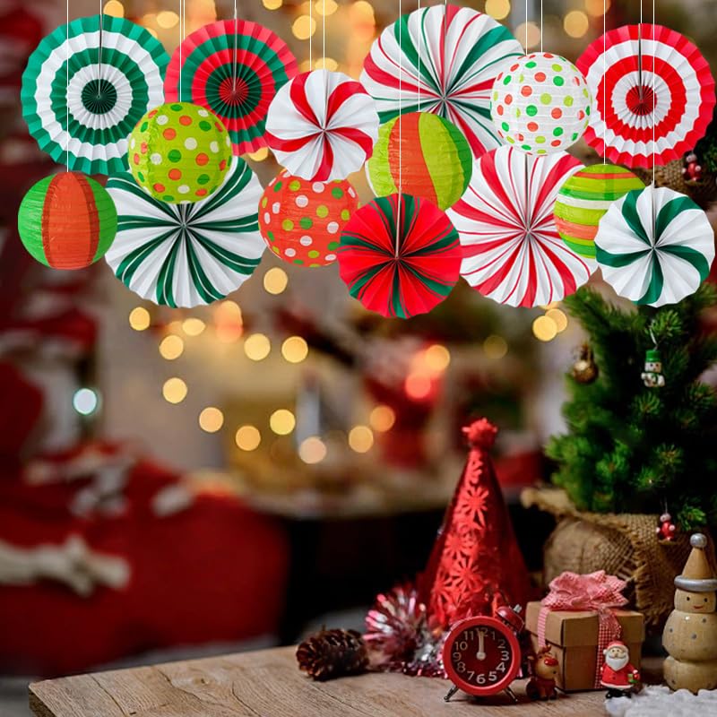 15 Pcs Christmas Candy Party Decorations Set - Red, Green & White Honeycomb Fans & Lanterns for Holiday Festivities
