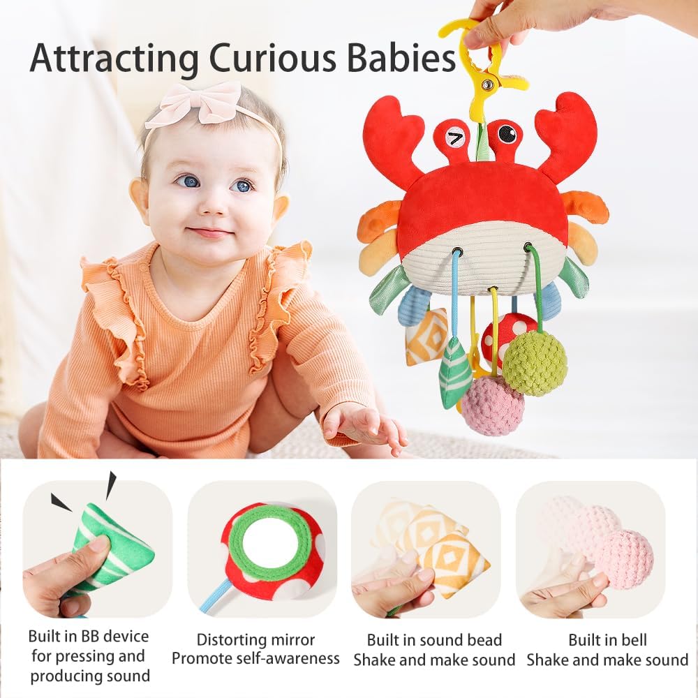 Skiennix Car Seat Toys for Babies 0-12 Months - Plush Activity Toy with Rattle, Mirror & Clip-On Design