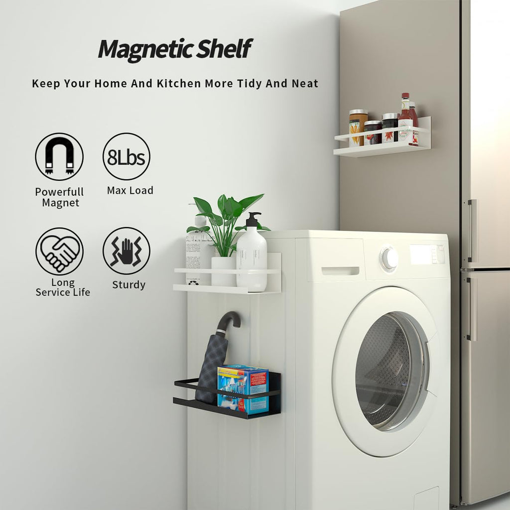 YJSMO 2 Pack Magnetic Spice Rack for Refrigerator,Heave Duty Magnetic Shelf For Kitchen,Magnet Book Shelf For Whiteboard,Space Container,Drill free (Black)