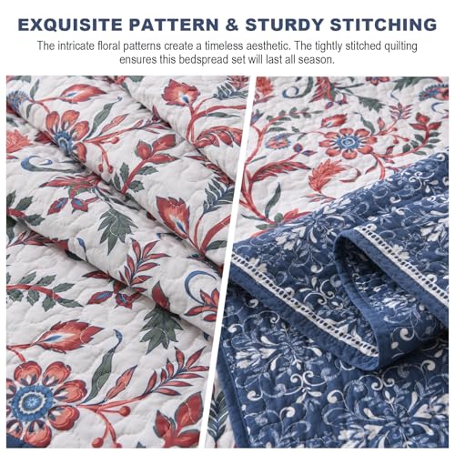 Oversized King Bedspread Set - 100% Cotton Reversible Floral Quilt (3 Pcs)