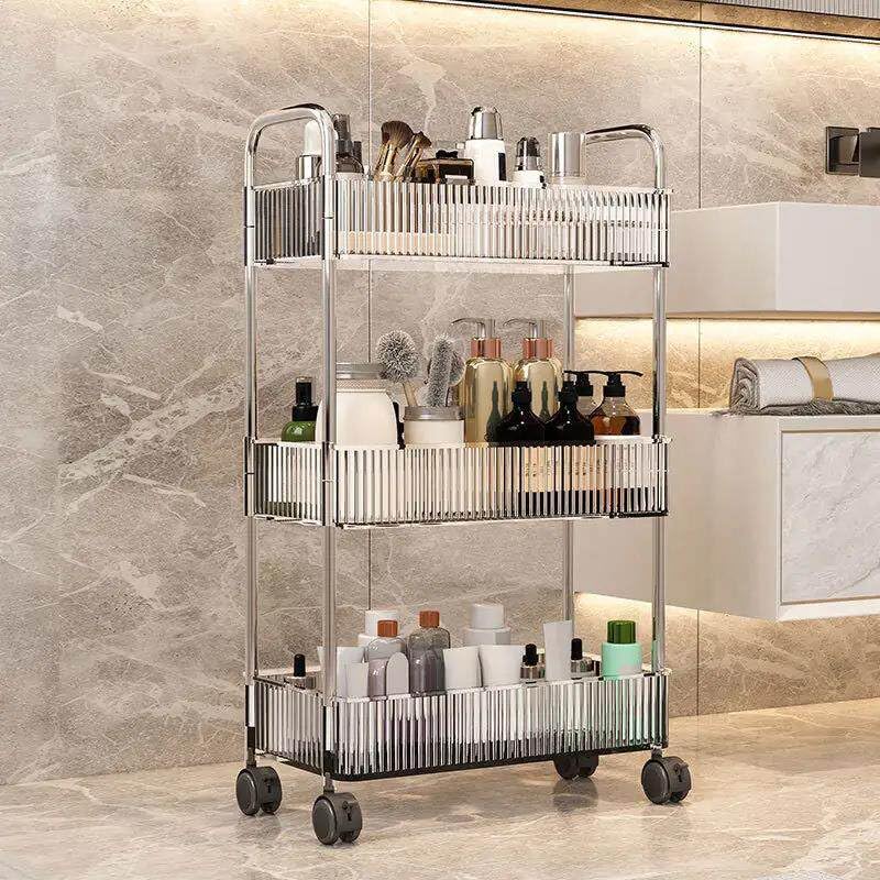Clear 3-Tier Plastic Rolling Utility Cart with Wheels & Side Hooks