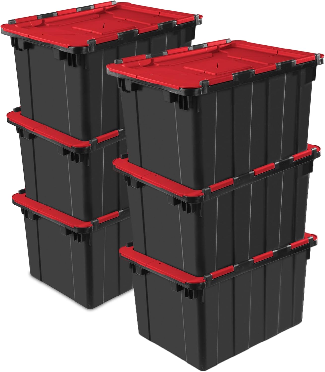 Sterilite 12 Gallon Heavy-Duty Industrial Tote - 6-Pack Stackable Storage Bins with Hinged Lids