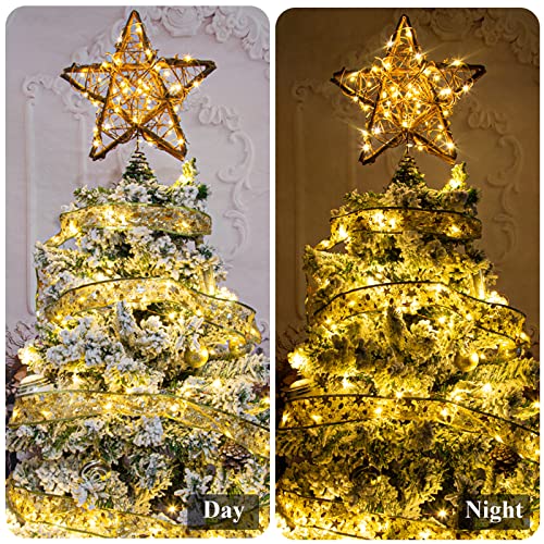 Natural Rattan Star Christmas Tree Topper with 50 Warm LED Lights