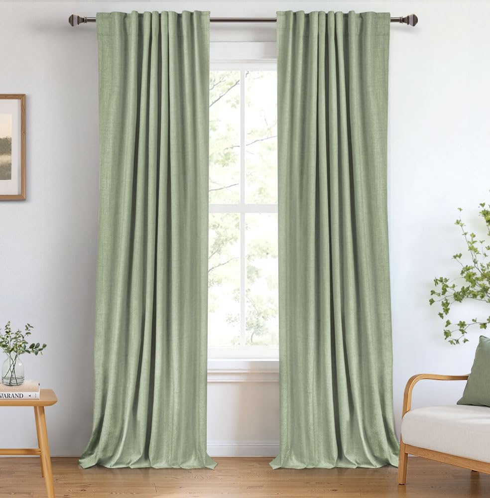 Skiennix 100% Blackout Linen Curtains - Thermal Insulated Drapes, 50" W x 96" L, Sage - 2 Panels Set