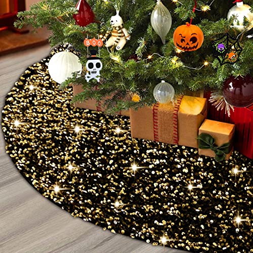 48in Glitter Sequin Tree Skirt - Black & Silver Faux Fur Holiday Decor