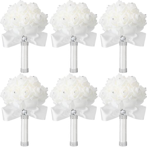 Jutom 6 Pack Wedding Bouquets for Bride Roses Bridesmaid Bouquet Bridal Bouquet Flowers Wedding Hand Holding Bouquet with Diamond Soft Ribbons for Engagement Bridal Shower Church Party (White)