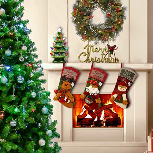 3-Pack 18-Inch Burlap Christmas Stockings Set with Santa Snowman Reindeer