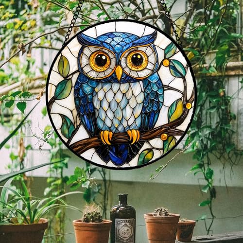Blue Owl Bird Theme Stained Glass Suncatcher 15" Window Hanging