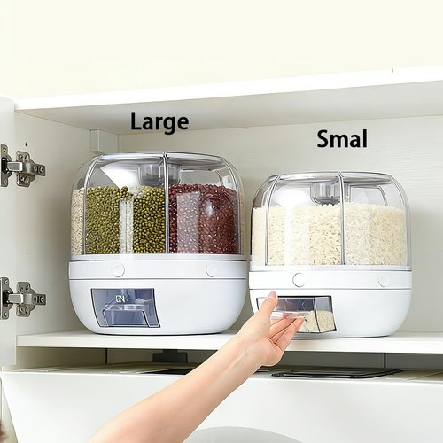 Wnnideo Rotating Grain Storage Bin 6 Grids Rice Container One-Click Output Large Capacity Food Dispenser For Rice Grains Sealed Moisture Proof Organizer (Small)