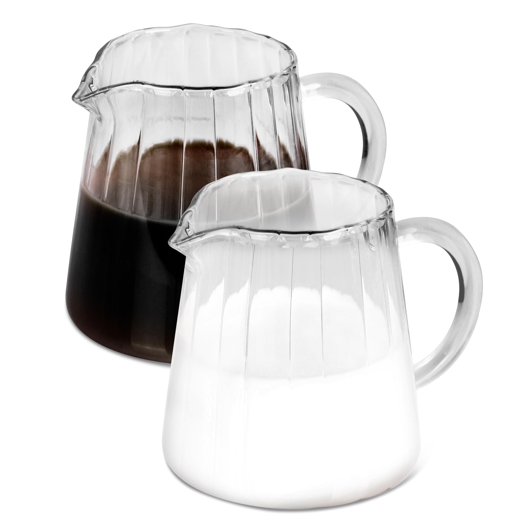 Loscarol 2 Pcs Creamer Pitcher, Elegant Wave Shaped Glass Milk Pitcher, for Coffee, Tea, Serving Milk Frothing Cup Creamer Jug for Kitchen, 8.5 oz