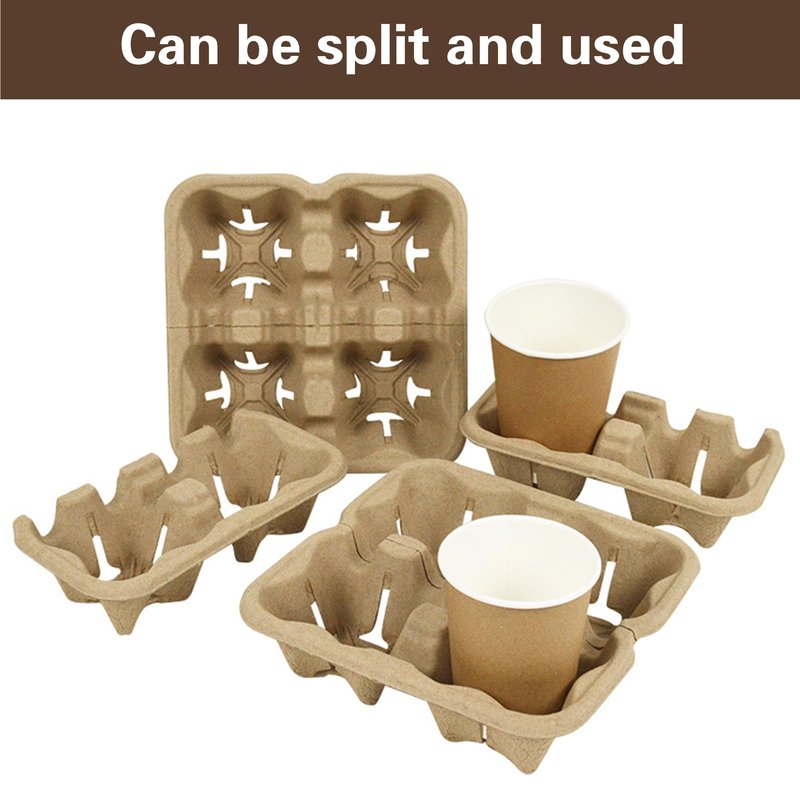 50 Pack 4 Cup Disposable Coffee Tray, Biodegradable and Compostable Cup Holder, Portable Drink Carrier Trays for Hot & Cold Drinks, to Go Coffee Cup Holder for Food Delivery Service Takeout