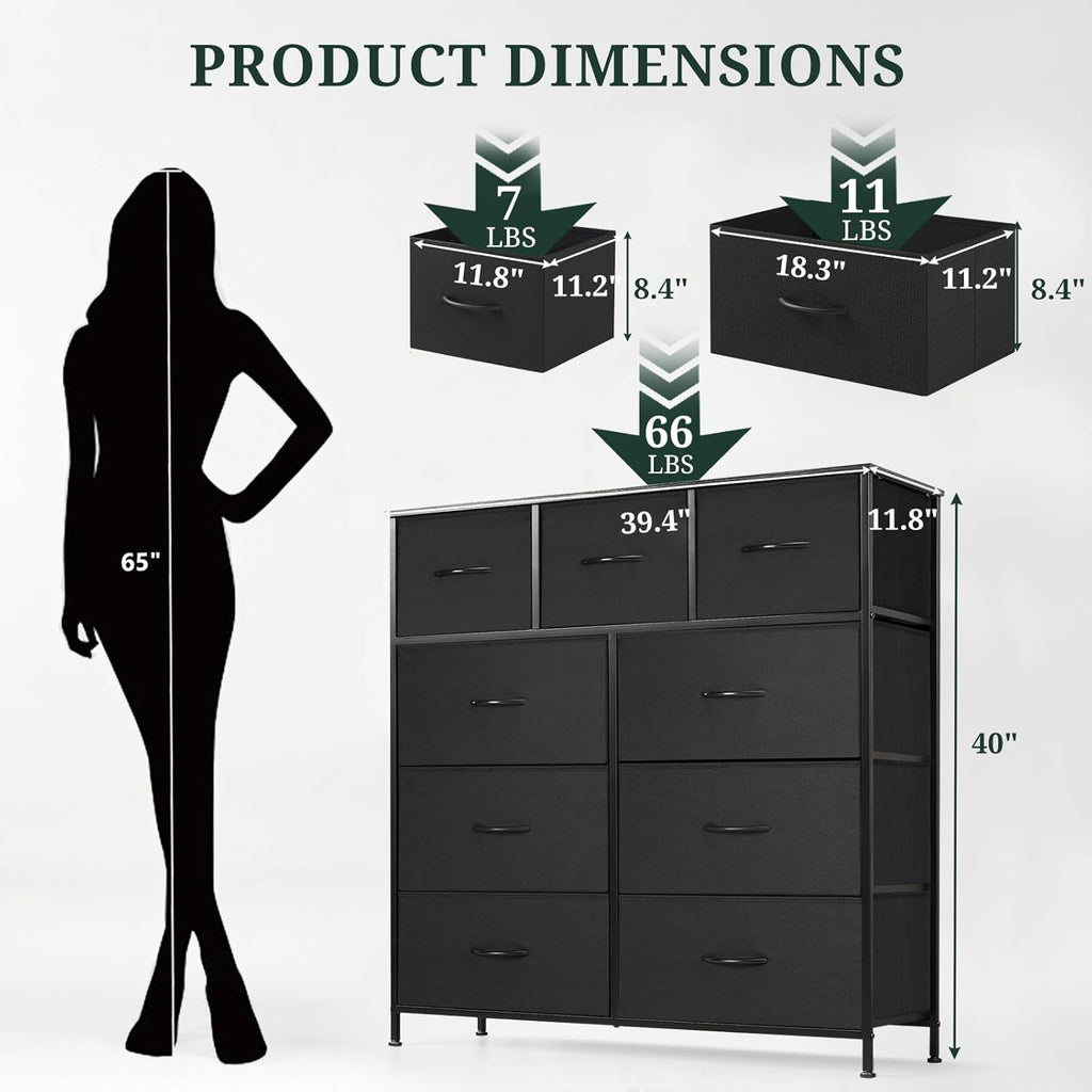 Regine Switzerland 9-Drawer Dresser - Anti-Tip Tall Storage Organizer with Wooden Top & Metal Frame - Black