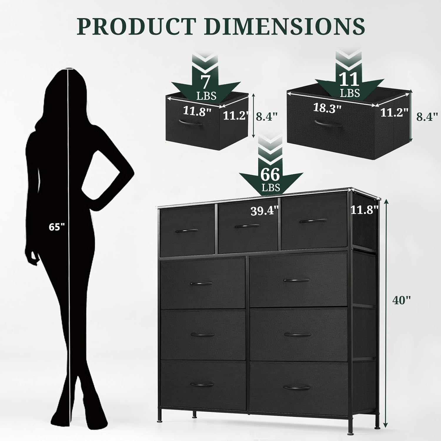 Regine Switzerland 9-Drawer Dresser - Anti-Tip Tall Storage Organizer with Wooden Top & Metal Frame - Black
