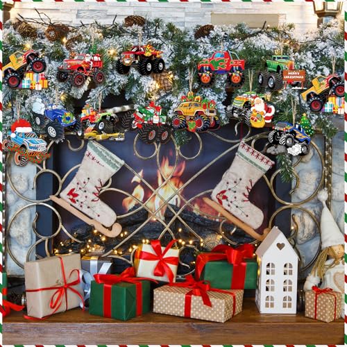 Thyle Monster Trucks Christmas Ornaments - 36 Wooden Holiday Decorations