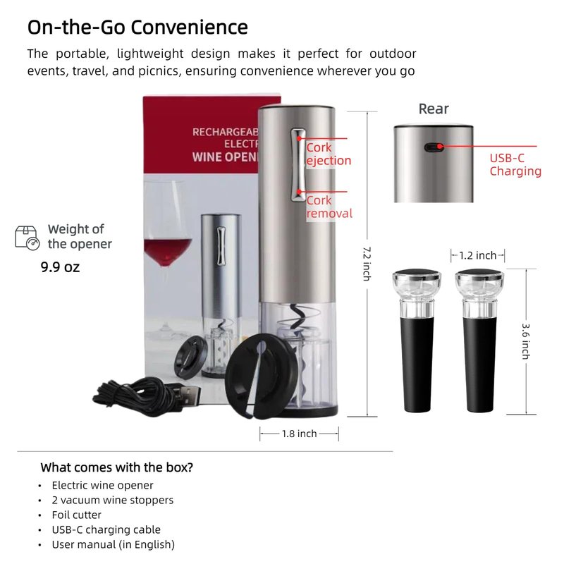 Saraudy Electric Wine Opener Set, Rechargeable With 2 Vacuum Stoppers, Foil Cutter, Battery-Powered Corkscrew - Wine Lovers Present