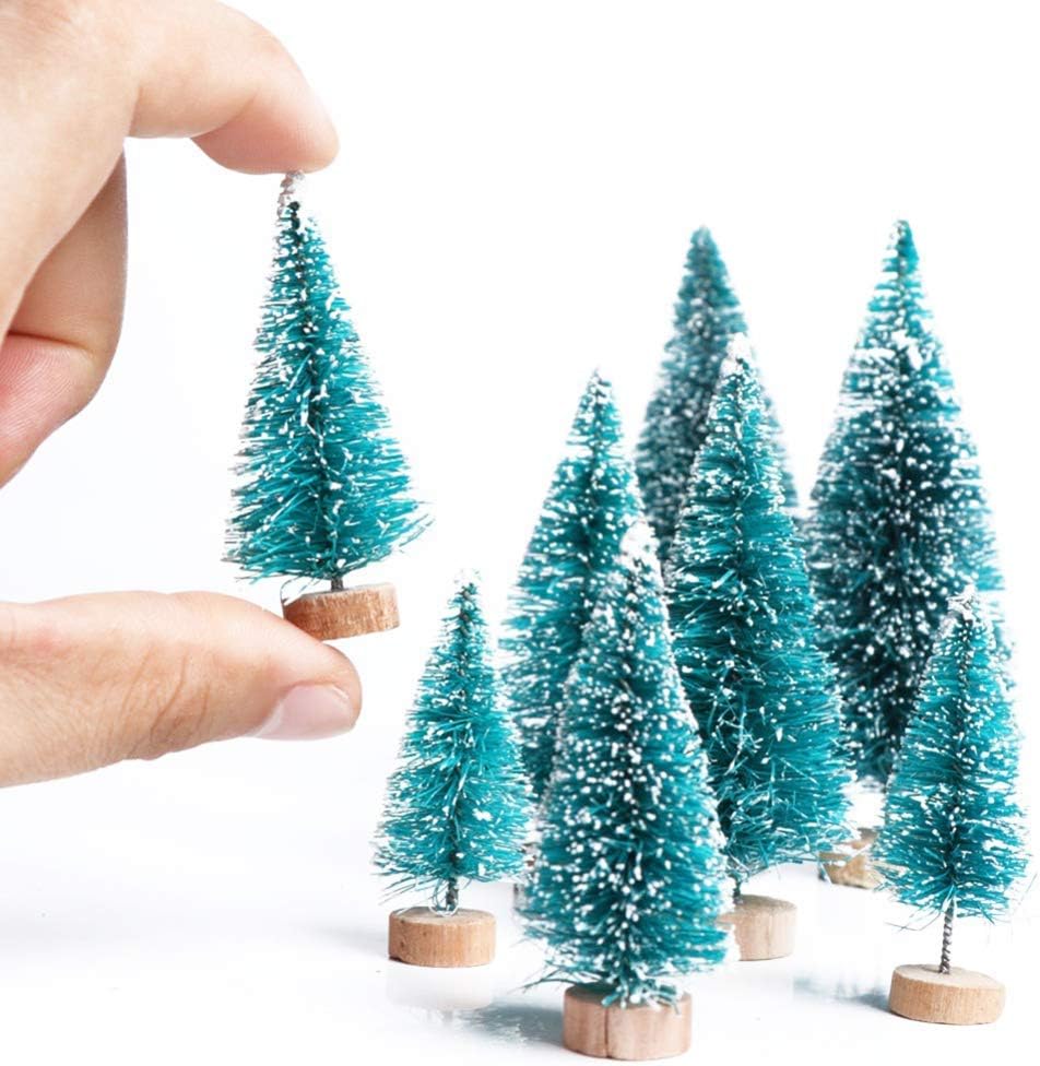 Skiennix Artificial Mini Sisal Christmas Trees - Snow Frosted with Wooden Bases | 20 Pcs in Blue-Green