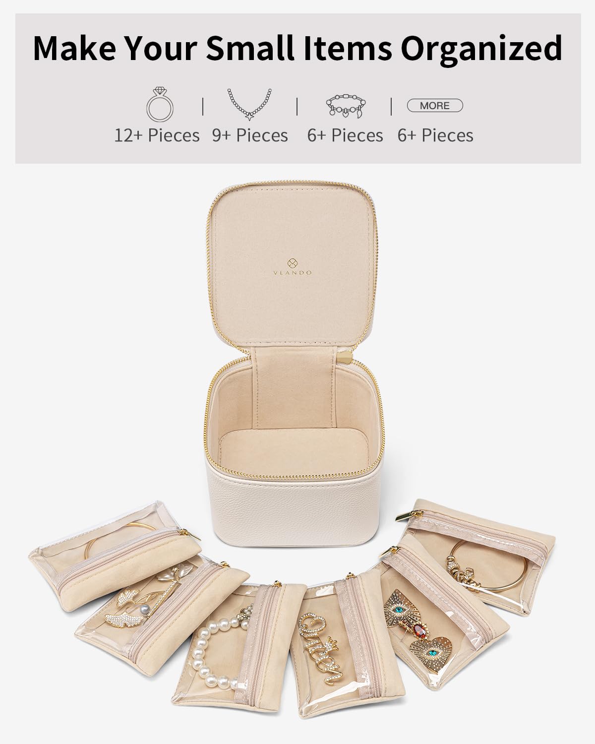 Vlando Small Jewelry Box Organizer,Travel Jewelry Storage with 6 Velvet Jewelry Zipper Pockets,Premium Petal Hardware Jewelry Case for Women Girls Valentines Day Gifts for Self