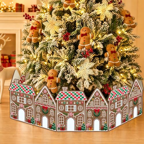 Christmas Tree Collar Gingerbread House – Brown Wooden Base Cover for Tree