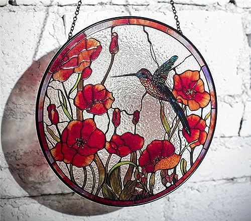 Galag 8-Inch Red Hummingbird Stained Glass Suncatcher for Windows & Gift