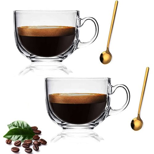 Large Clear Glass Coffee Mugs Set of 2,14.8 oz(440ml)-Wide Mouth Tea Cups with Handle and Spoon Transparent Drinking for Cappuccino Cups, Latte, Milk color 4 Piece