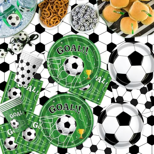 QIYANPAX Soccer Party Decorations Set - Includes Plates, Balloons, Banner, Tablecloth, Utensils for Soccer Theme Birthday Party