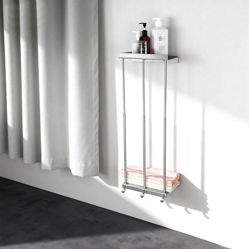 Towel Rack for Rolled Towels, 2-Tier Rolled or Folded Storage Shelves, Telescopic Stainless Steel Towel Holder with Shelf & 3 Hooks, Wall Mounted Bathroom Storage Cabinets for Modern Small Space Decor