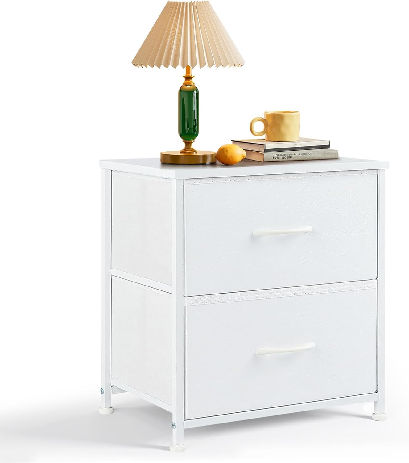 Regine Switzerland Nightstand - Small 2 Drawer Dresser with Wooden Top & Fabric Bins | White, 11.8" D x 18" W x 20" H