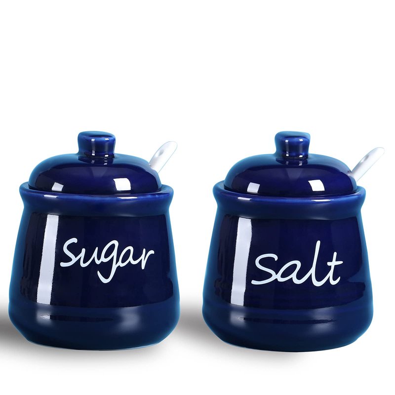 12oz Sugar and Salt Bowls with Lid and Spoon, Ceramics Condiment Pots,Seasoning Jar Spice Container for Kitchen,Dishwasher Safe (White)